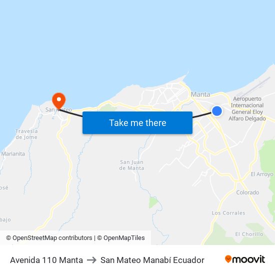 Avenida 110 Manta to San Mateo Manabí Ecuador map