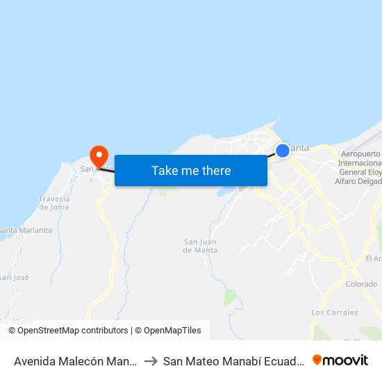 Avenida Malecón Manta to San Mateo Manabí Ecuador map