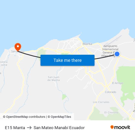 E15 Manta to San Mateo Manabí Ecuador map