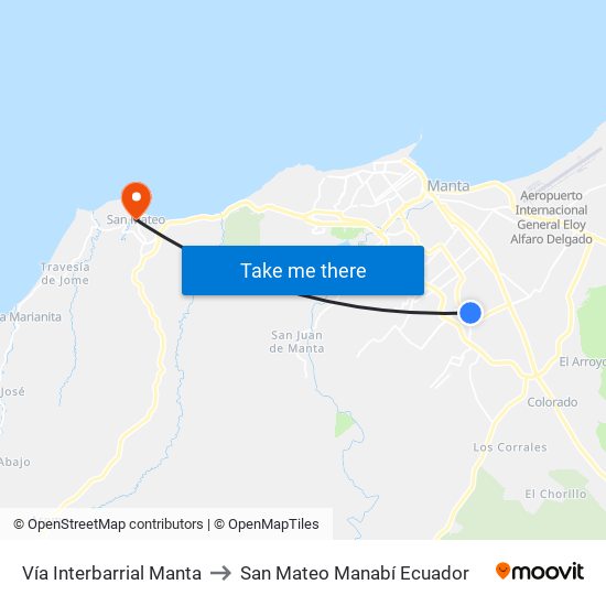 Vía Interbarrial Manta to San Mateo Manabí Ecuador map