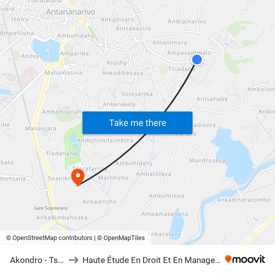 Akondro - Tsiadana to Haute Étude En Droit Et En Management (Hedm) map