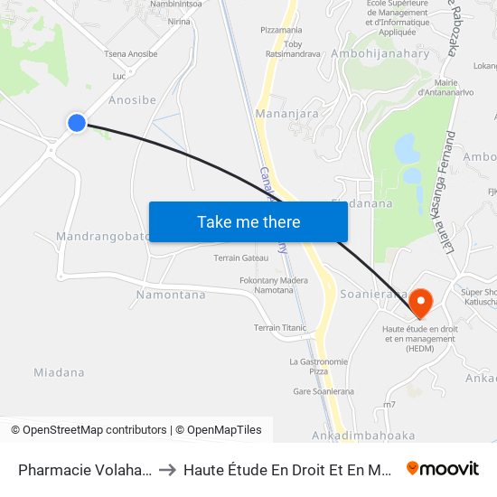 Pharmacie Volahanta Anosibe to Haute Étude En Droit Et En Management (Hedm) map