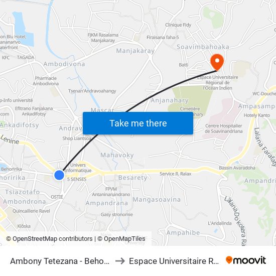 Ambony Tetezana - Behoririka - Avy Any Ankadifotsy to Espace Universitaire Régional De L'Océan Indien map