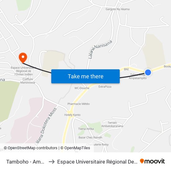 Tamboho - Ampasapito to Espace Universitaire Régional De L'Océan Indien map
