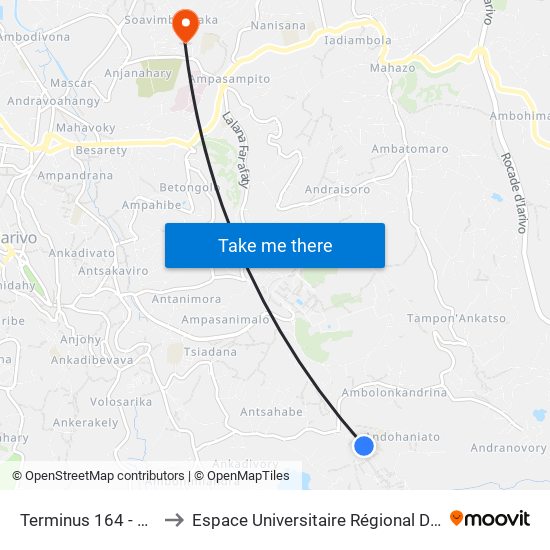 Terminus 164 - Ambohipo to Espace Universitaire Régional De L'Océan Indien map
