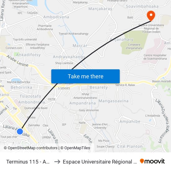 Terminus 115 - Ambatomena to Espace Universitaire Régional De L'Océan Indien map