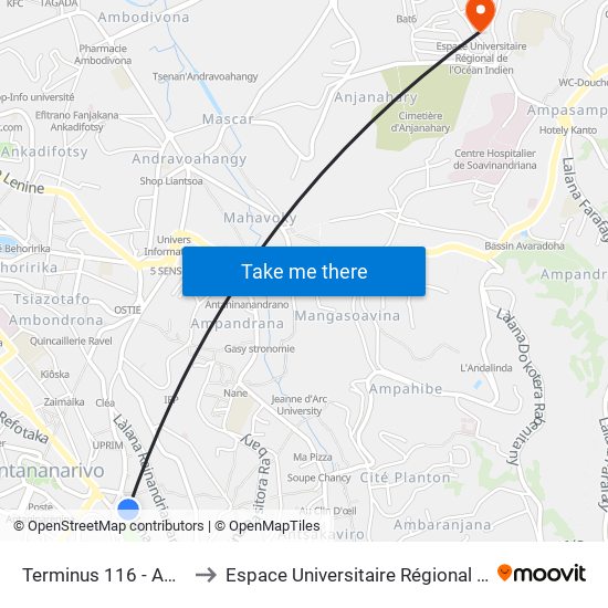 Terminus 116 - Ambohijatovo to Espace Universitaire Régional De L'Océan Indien map