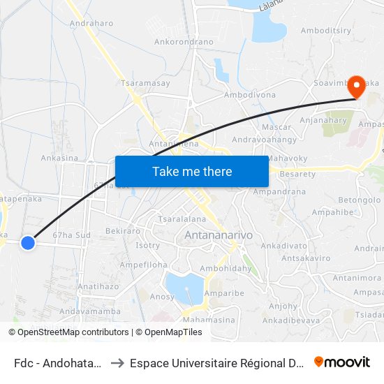 Fdc - Andohatampenaka to Espace Universitaire Régional De L'Océan Indien map