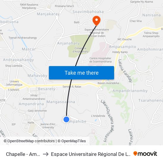 Chapelle - Ampahibe to Espace Universitaire Régional De L'Océan Indien map