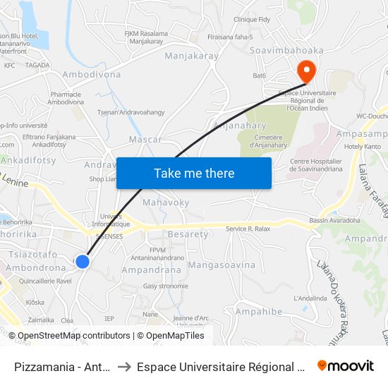 Pizzamania - Antaninandro to Espace Universitaire Régional De L'Océan Indien map