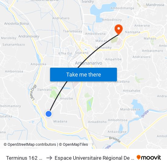 Terminus 162 Anosibe to Espace Universitaire Régional De L'Océan Indien map