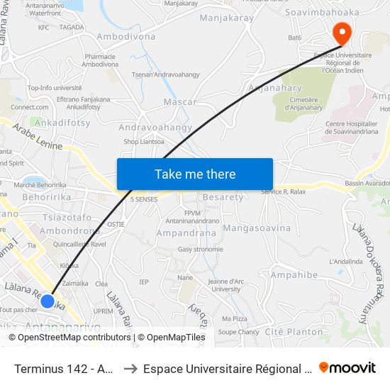 Terminus 142 - Ambatomena to Espace Universitaire Régional De L'Océan Indien map