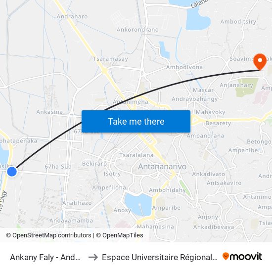 Ankany Faly - Andohatapenaka to Espace Universitaire Régional De L'Océan Indien map