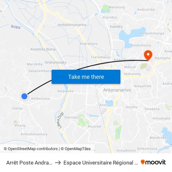 Arrêt Poste Andranonahoatra to Espace Universitaire Régional De L'Océan Indien map