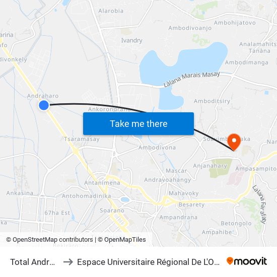 Total Andraharo to Espace Universitaire Régional De L'Océan Indien map