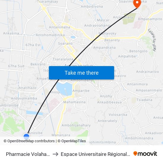Pharmacie Volahanta Anosibe to Espace Universitaire Régional De L'Océan Indien map