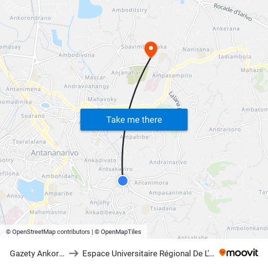Gazety Ankorahotra to Espace Universitaire Régional De L'Océan Indien map