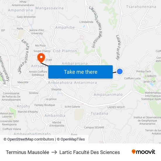 Terminus Mausolée to Lartic Faculté Des Sciences map