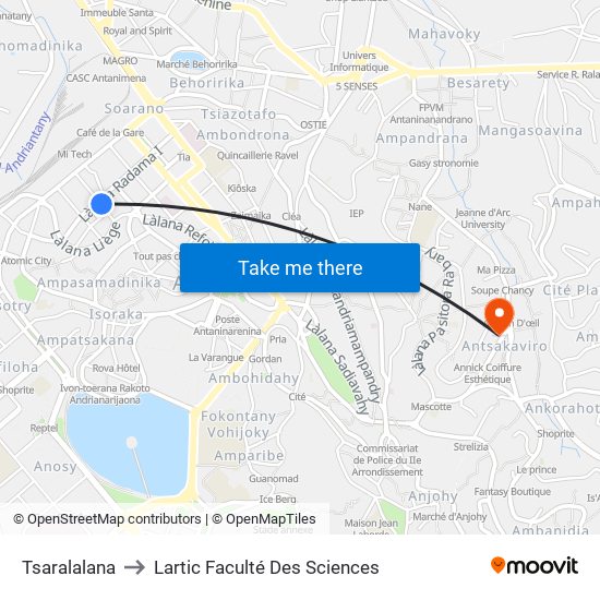 Tsaralalana to Lartic Faculté Des Sciences map