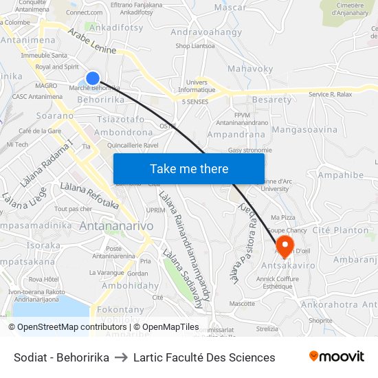 Sodiat - Behoririka to Lartic Faculté Des Sciences map