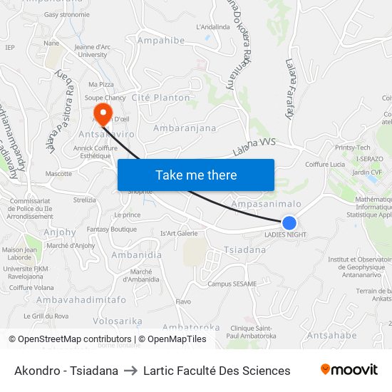 Akondro - Tsiadana to Lartic Faculté Des Sciences map