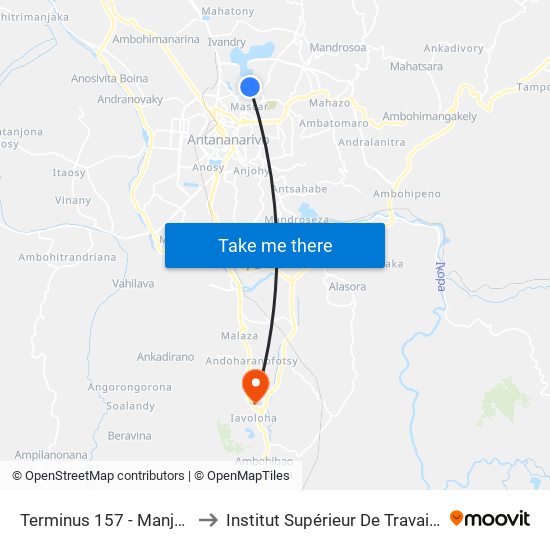 Terminus 157 - Manjakaray to Institut Supérieur De Travail Social map