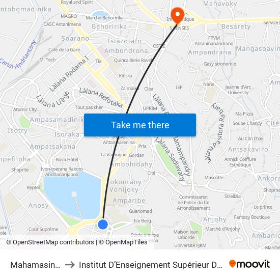 Mahamasina (Vers Ambohijatovo) to Institut D’Enseignement Supérieur De Technologie D’Informatique Et De Management D’Entreprise map