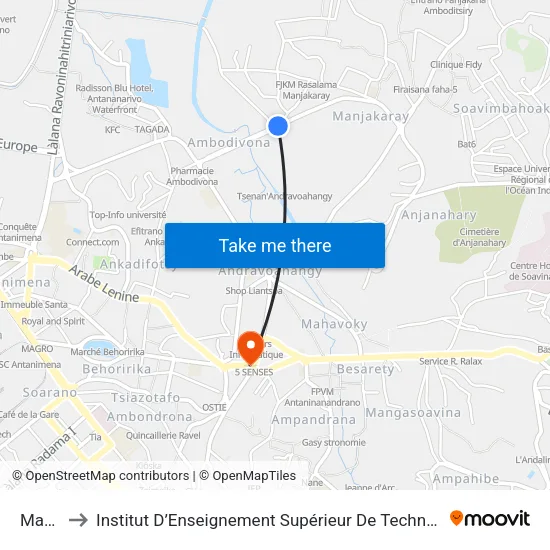 Manjakaray to Institut D’Enseignement Supérieur De Technologie D’Informatique Et De Management D’Entreprise map