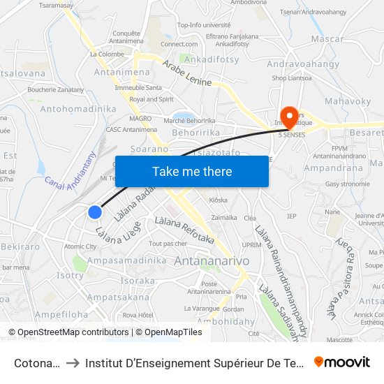 Cotona - Tsaralalana to Institut D’Enseignement Supérieur De Technologie D’Informatique Et De Management D’Entreprise map
