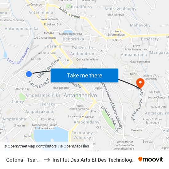 Cotona - Tsaralalana to Institut Des Arts Et Des Technologies Avancées map