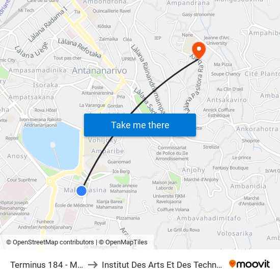 Terminus 184 - Mahamasina to Institut Des Arts Et Des Technologies Avancées map