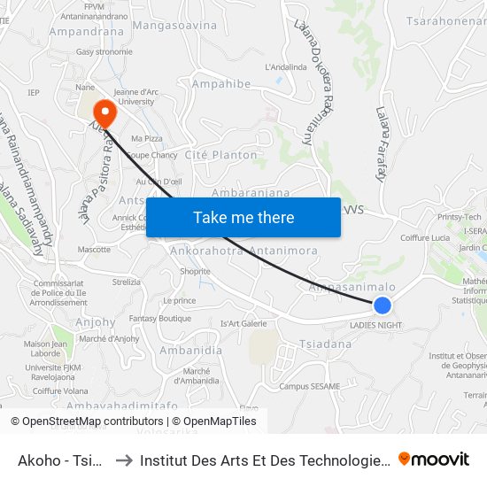 Akoho - Tsiadana to Institut Des Arts Et Des Technologies Avancées map