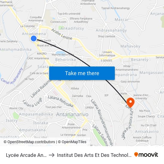 Lycée Arcade Antanimena to Institut Des Arts Et Des Technologies Avancées map