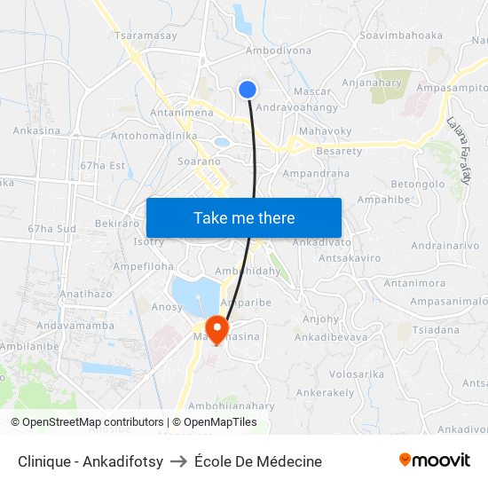 Clinique - Ankadifotsy to École De Médecine map