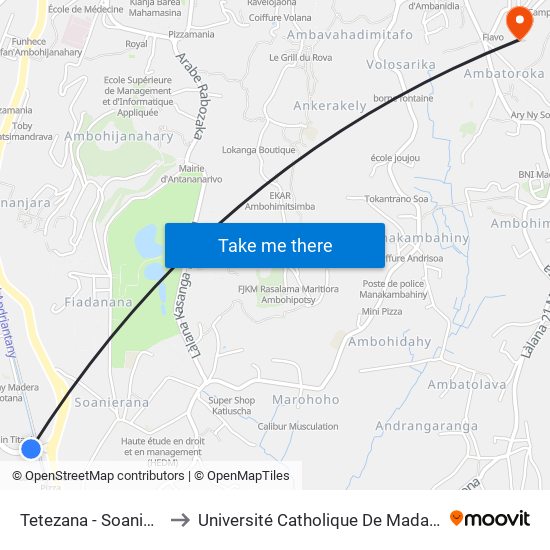 Tetezana - Soanierana to Université Catholique De Madagascar map