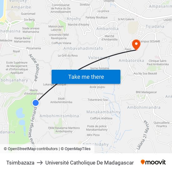 Tsimbazaza to Université Catholique De Madagascar map
