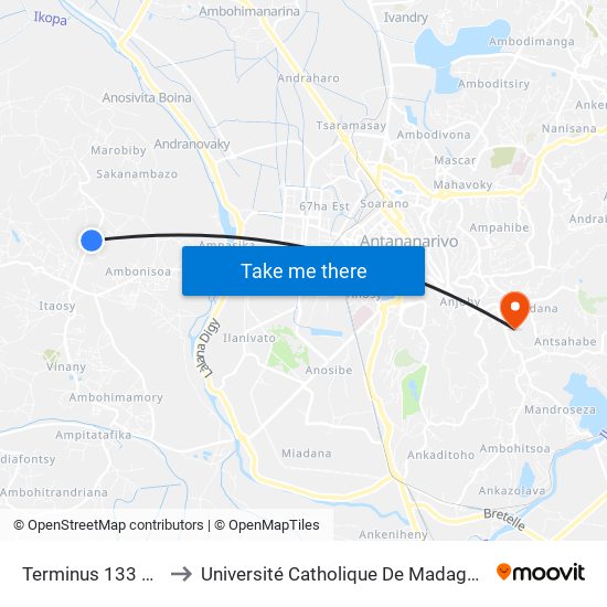 Terminus 133 Cité to Université Catholique De Madagascar map
