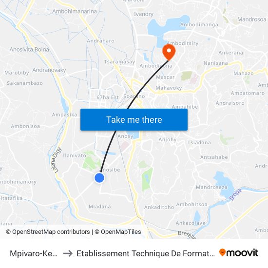 Mpivaro-Kena Anosibe to Etablissement Technique De Formation Professionnel Supérieur map