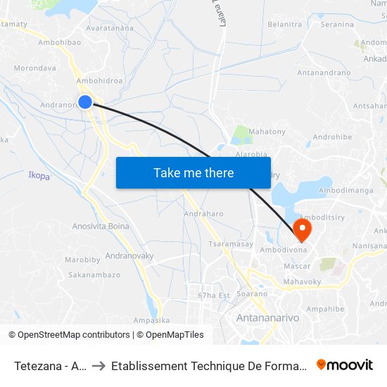 Tetezana - Ambohidroa to Etablissement Technique De Formation Professionnel Supérieur map