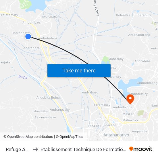 Refuge Andranoro to Etablissement Technique De Formation Professionnel Supérieur map