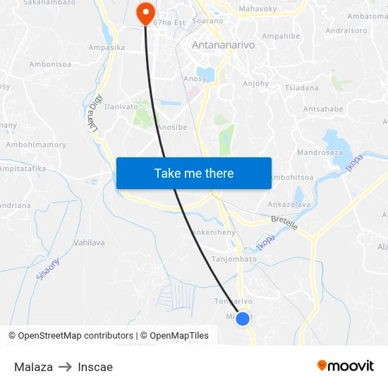 Malaza to Inscae map