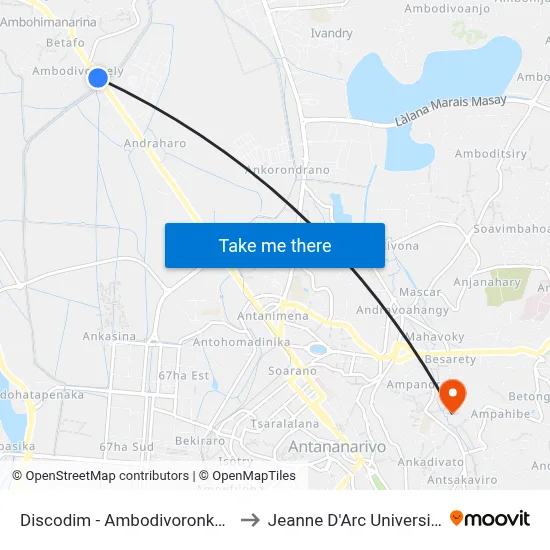 Discodim - Ambodivoronkely to Jeanne D'Arc University map