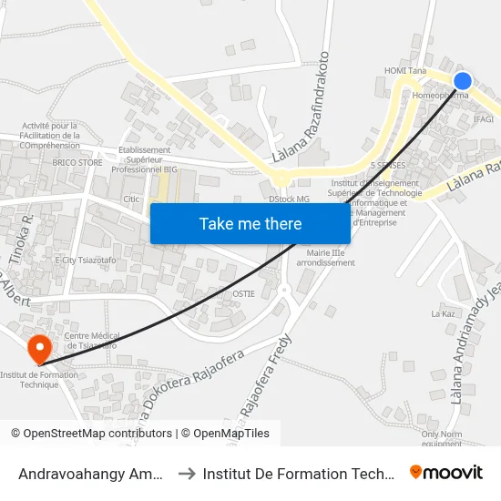 Andravoahangy Ambony to Institut De Formation Technique map