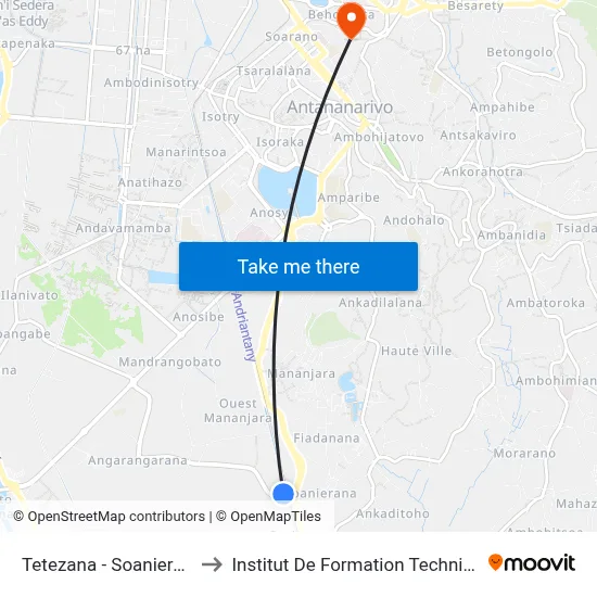 Tetezana - Soanierana to Institut De Formation Technique map