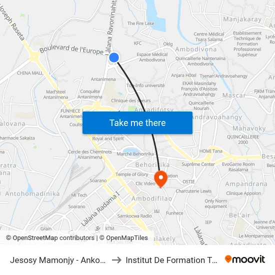 Jesosy Mamonjy - Ankorondrano to Institut De Formation Technique map