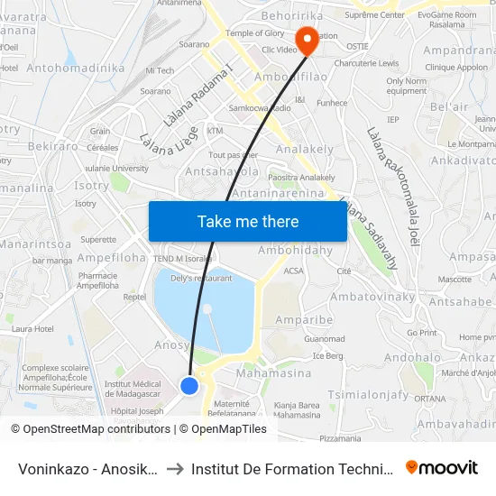 Voninkazo - Anosikely to Institut De Formation Technique map