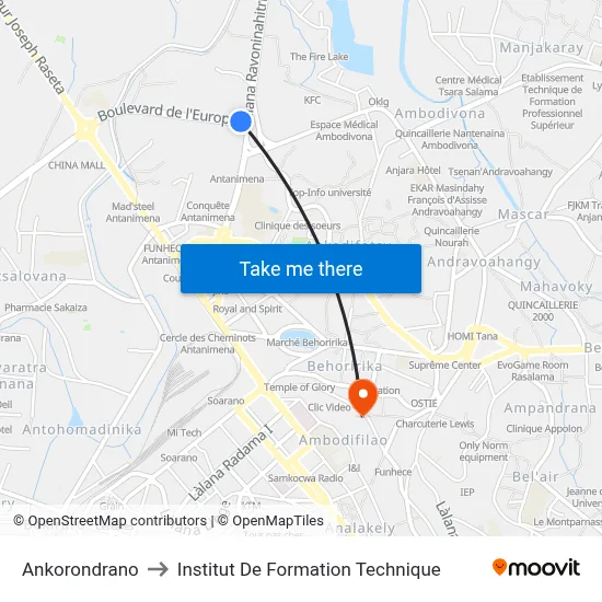 Ankorondrano to Institut De Formation Technique map