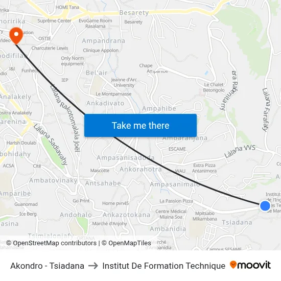 Akondro - Tsiadana to Institut De Formation Technique map