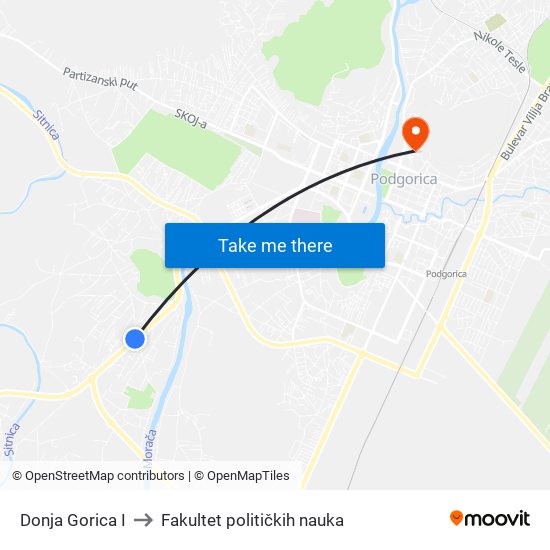 Donja Gorica I to Fakultet političkih nauka map