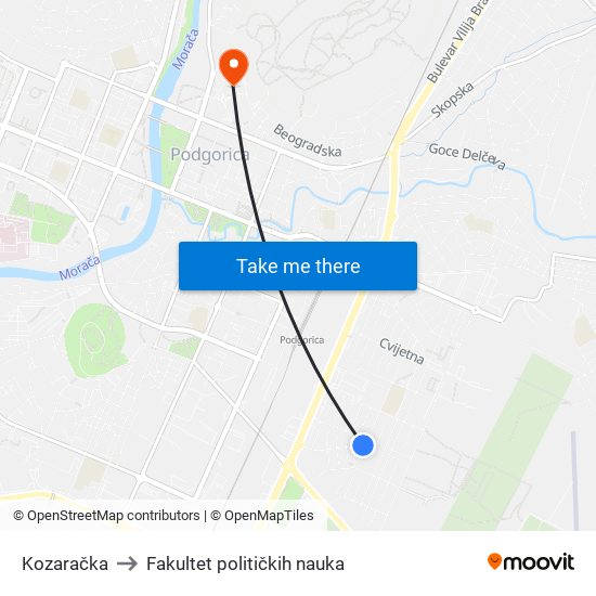 Kozaračka to Fakultet političkih nauka map